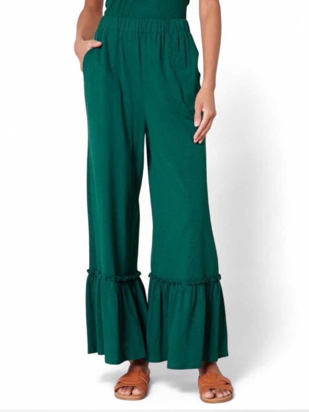 Sugarlips Ryder Emerald Green Ruffle Hem Wide-Leg Pants Cotton Size Small